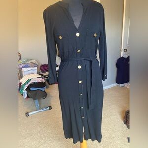 New York & Company Black sweater Dress with Gold Buttons and tie, size small